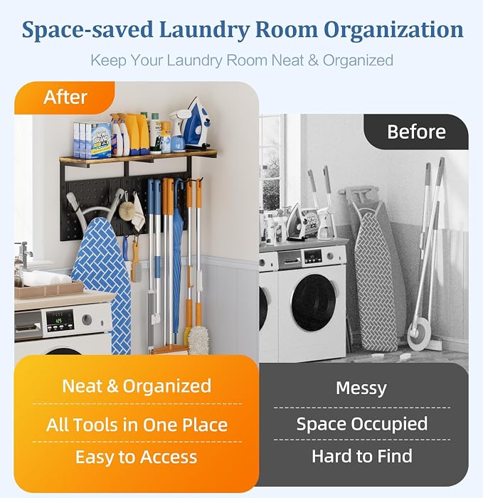 Ironing Board Hanger Wall Mount, Large Storage Iron and Ironing Board Holder, Laundry Room Storage Shelves with Ironing Board Broom Mop Holder, Laundry Accessories Organization and Storage Organizer - Image 5