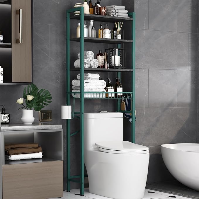 Kalrin Over-The-Toilet Storage Rack, 4-Tier Bathroom Organizer Shelf Over Toilet with Adjustable Shelf and Basket, Freestanding Space Saver Bathroom Shelves Above Toilet for Room (Green- Black) by Kalrin