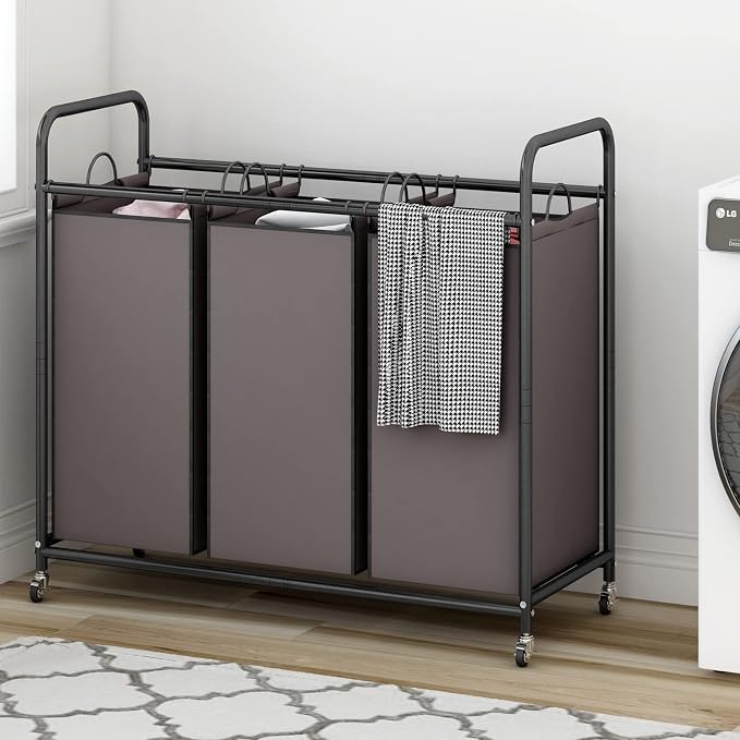 LINZINAR 3-Bag Laundry Sorter,Laundry Hamper Cart with Heavy Duty Rolling Lockable Wheels and Removable Bags (Brown) - Image 4