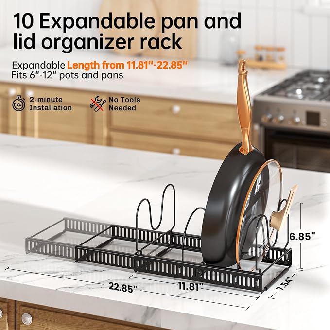 MUDEELA Expandable Pot Pan Lid Organizers inside Cabinet, 10 Divider-Black - Image 2