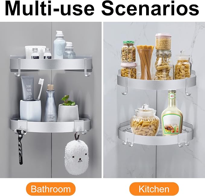DUFU Adhesive Corner Shower Caddy with Hooks, Silver, 2 Pack - Image 5