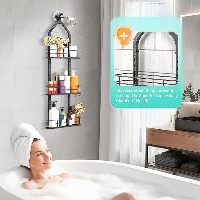 Shower Caddy Hanging, Adjustable Anti-Swing-Over The Shower Head Caddy, 3 Tier Stainless Steel Bathroom Storage Organizer Bathroom Shelves Basket Rack Shower Caddies (3Tier) - Image 2