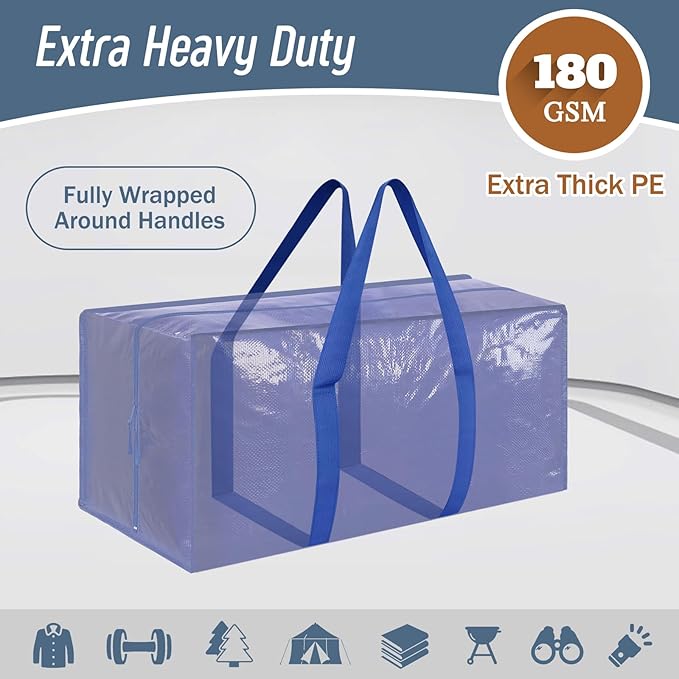 12 Pack Extra Heavy Duty Large Moving Bags with Strong Zipper, Blue | Comfortable Handles, Sturdy & Durable Clothes Storage Bags Totes Bins, Blue Packing Moving Boxes for College Supplies - Image 2