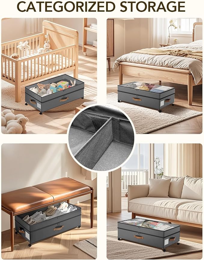 Under Bed Storage with Wheels, 10 inches Under Bed Storage Containers, 65L XXL Large Adjustable Underbed with Lids, Rolling Underbed Storage bins for Shoes, Clothes, Blankets, Grey - Image 7