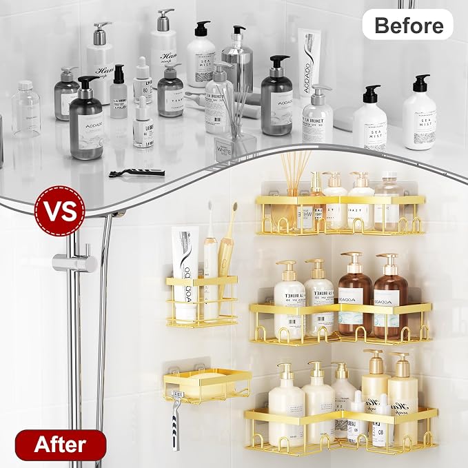 Liuoud Corner Shower Caddy, 5 Pack Adhesive Stainless Steel Organizer, Gold - Image 8