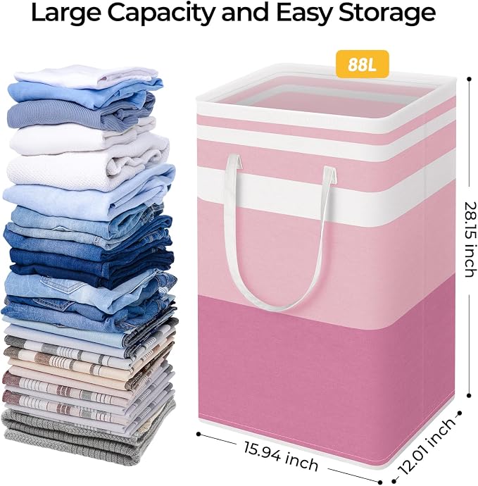 HomeHacks 2 Pack Large Laundry Baskets, Laundry Hampers Bags (Pink 88Lx2) | Waterproof, Freestanding, Collapsible Clothes Hamper with Reinforced Handles in Laundry Room, Dorm, Bathroom, Bedroom - Image 4
