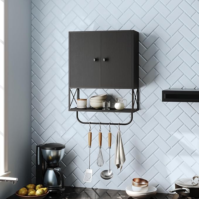 MAHANCRIS Bathroom Wall Cabinet with 2 Door and Adjustable Shelf, Farmhouse Medicine Cabinet with Towel Rack, 3-Tier Wall Mounted Storage Cabinet Over The Toilet for Bathroom, 18.9" L, Black - Image 9