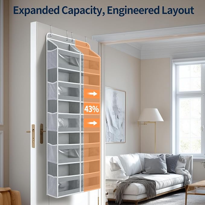 Yecaye 5-Tier Over The Door Organizer Dual-Column, 80lbs Load Over The Door Storage of 10 Compartments, Heavy Duty Door Organizer Hanging for Bedroom Closet Dorm Bathroom Pantry, Grey 1 Pack - Image 3