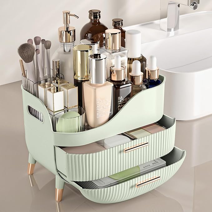 Pajiriona Makeup Organizer with Drawers, Green Skincare Organizer for Vanity, Storage Box with Handle, Large Cosmetic Display Case for Dresser, Bathroom Countertop - Image 2