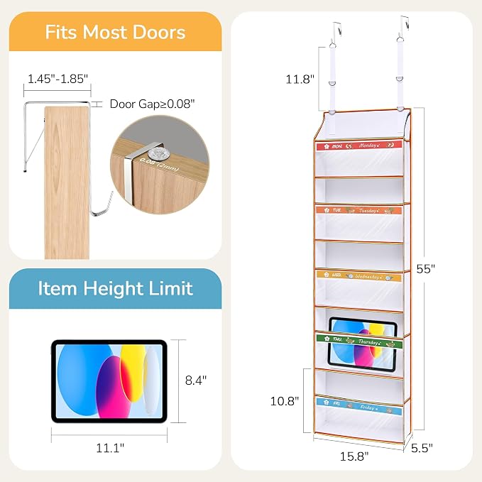 5 Tiers Adjustable Weekly Over Door Organizer with 10 Mesh Side Pockets, 44 lbs Weight Capacity Hanging Storage Organizer with Clear Window Kids Toys, Shoes, Diapers, Colorful - Image 3