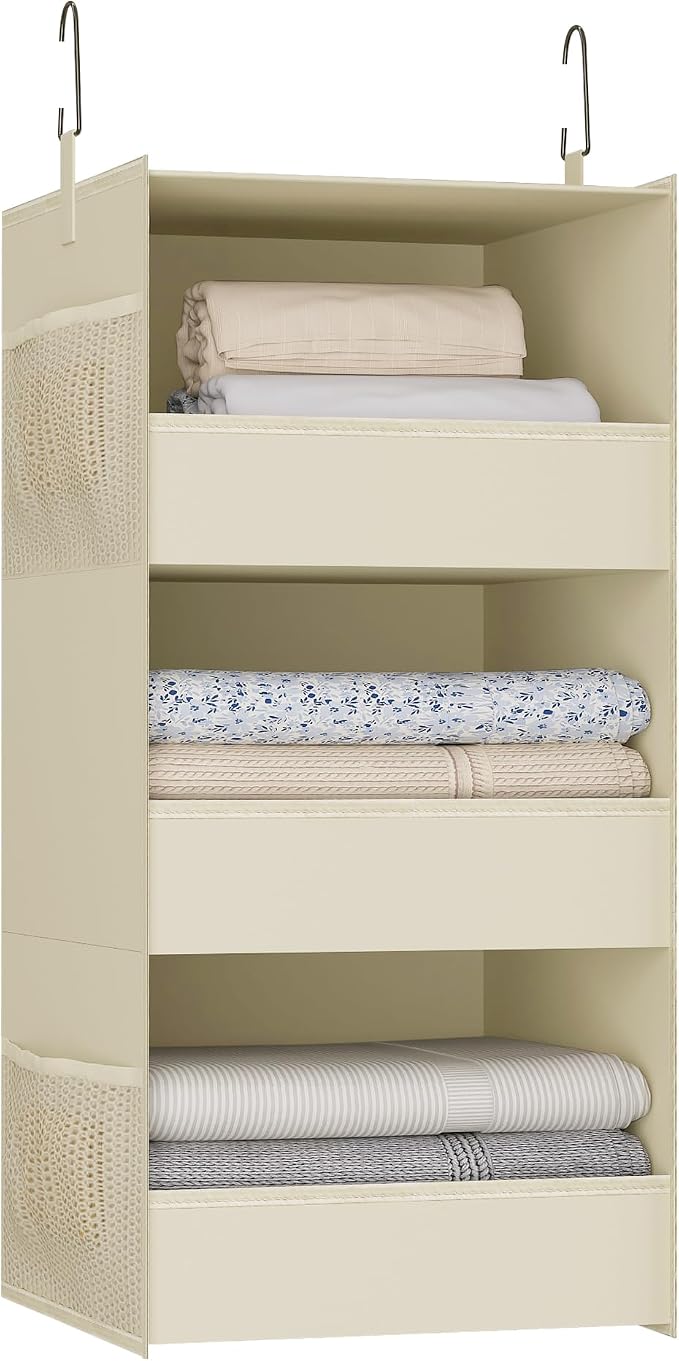 3-Shelf Hanging Closet Organizer, Washable Foldable Storage Shelves, Beige | Front lip keeps items secure; side pockets add room; Oxford fabric handles towels, shirts, baby items, dorms, RVs or travel. by Bosuelife