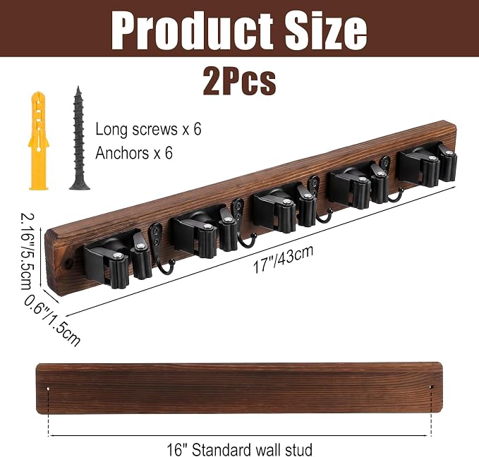 2 Pack Broom Holder Wall Mount Rustic Wood Broom Hanger Wall Mount With 5 Slots And 4 Hooks Mop And Brooms Organizer Walls Hanging For Laundry Rooms Garage Kitchen Closet Decor Brown - Image 2