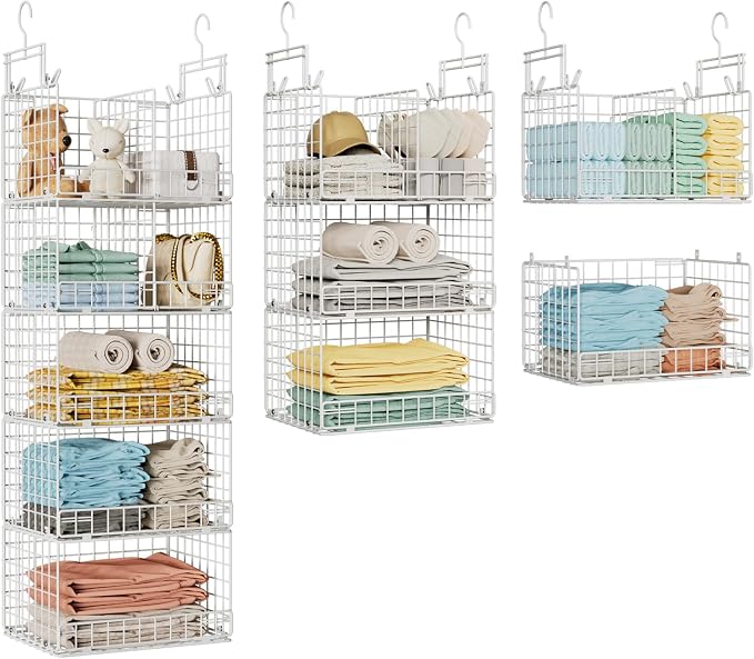 VyGrow 5 Tier Hanging Closet Organizer with Adjustable Dividers, Heavy-Duty Storage Shelves for Clothing, Kitchen, Laundry Room, Extra Large Baskets, 15.7" W x 11.8" D x 51" H, White by VyGrow