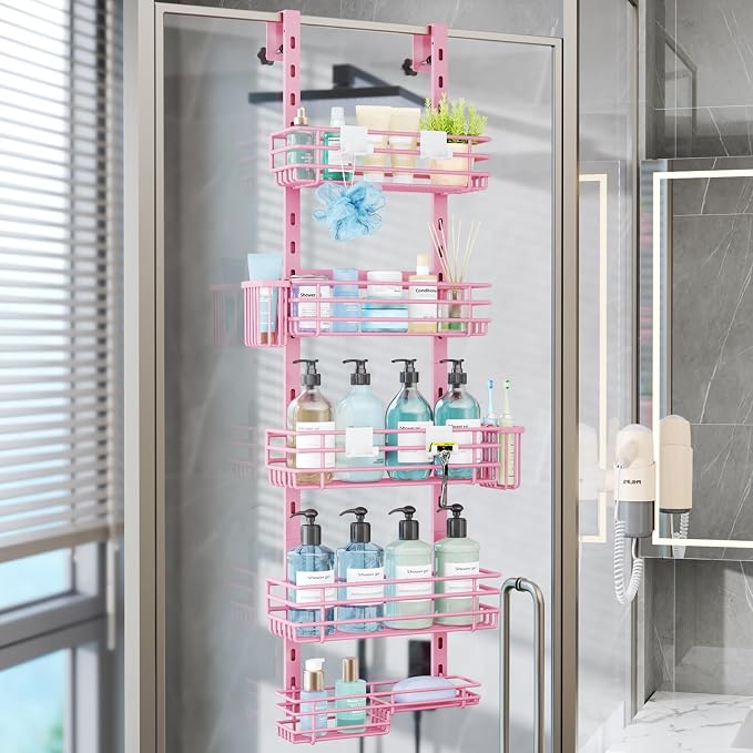 Consumest Over The Door Shower Caddy - 5 Tier Adjustable Shower Organizer Hanging with 2 Toothbrush Holders & 4 Hooks, Rustproof Organizer Shelf, Storage Rack for Bathroom, Pink by Consumest