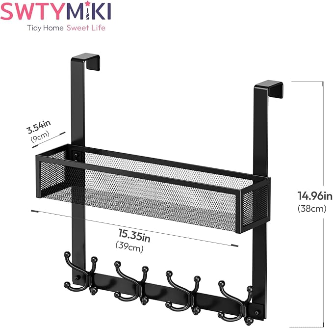 SWTYMIKI Over The Door Hook with 16 Hooks & Mesh Baskets - Heavy Duty Over The Door Organizer Hanger for Towels, Coats, Clothes - Space Saving Hanging Rack for Bathroom, Living Room, Black - Image 7