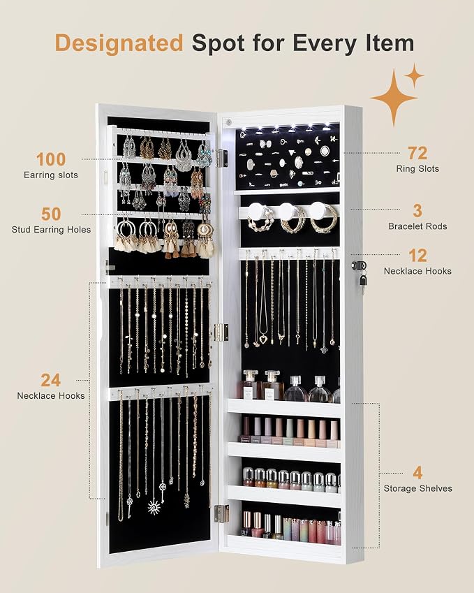 Nicetree 6 LEDs Jewelry Armoire, Hanging Mirror Jewelry Cabinet, White - Image 3