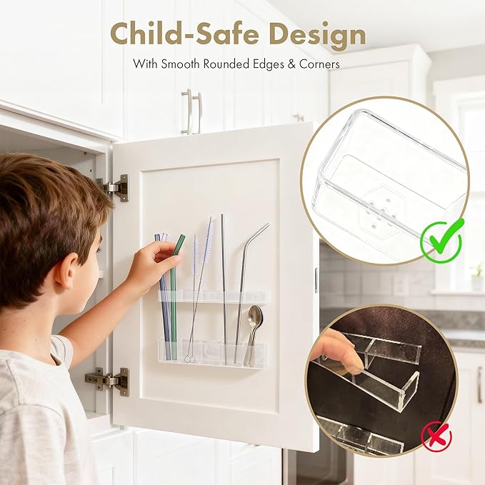 Acrylic Straw Holder for Cabinet Door - Child-Safe Organizer & Dispenser with Smooth Rounded Edges for Kitchen Accessories Storage, Adhesive Circles Included (Clear Transparent) - Image 3