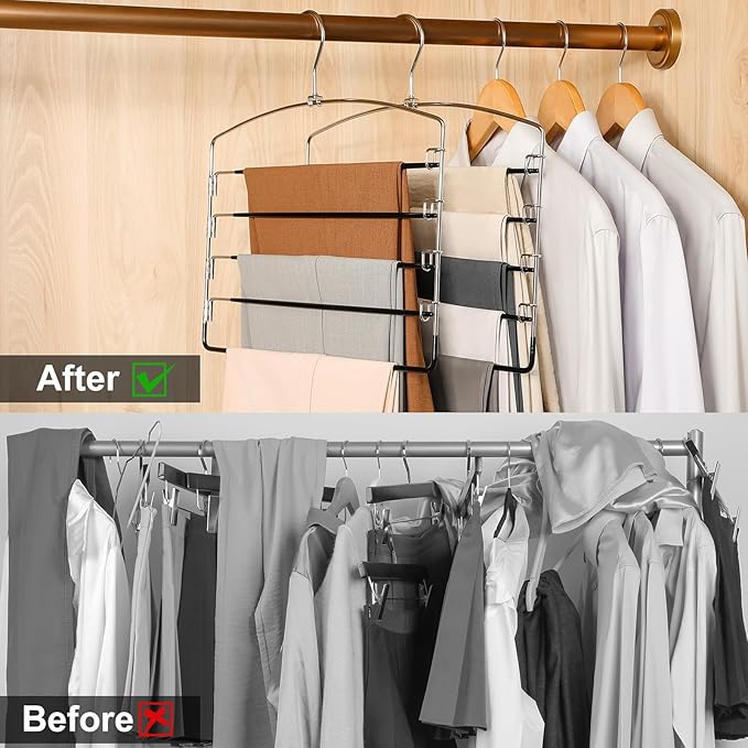 TOPIA HANGER Pant Hangers Space Saving 3 Pack with Non Slip 5 Tiers Hangers | 80% Space Saving Closet Storage Orgainzer, 360° Swivel Hook, Stainless Steel Non Slip 5 Tier Swing Arm for Pant Trouser Jean - Image 3