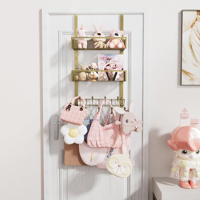 Consumest Over The Door Hooks Organizer - 3 Tier Door Hanger with 9 Coat Hooks & 2 Mesh Basket, Back Storage Organizer Hanging Towels for Bathroom, Bedroom, Gold - Image 2