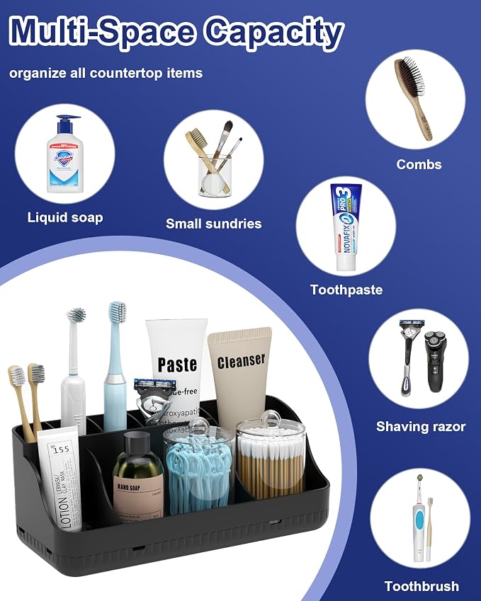 Bathroom Counter Organizer and Storage with 2 Pack Qtip Holder Dispenser, 7 Slots Detachable Toothbrush Holders for Bathrooms, Anti-Slip Electric Toothbrush and Toothpaste Holder Countertop - Image 7