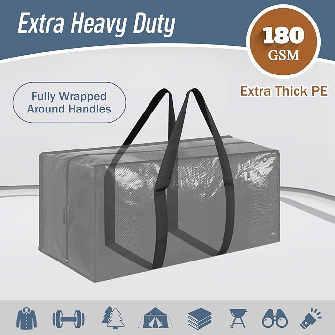 12 Pack Extra Heavy Duty Large Moving Bags with Strong Zipper, Black | Comfortable Handles, Sturdy & Durable Clothes Storage Bags Totes Bins, Blue Packing Moving Boxes for College Supplies - Image 2