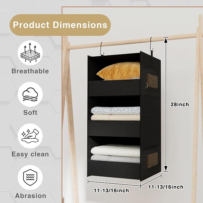 3-Shelf Hanging Closet Organizer, Washable Foldable Storage Shelves, Black | Front lip keeps items secure; side pockets add room; Oxford fabric handles towels, shirts, baby items, dorms, RVs or travel. - Image 3