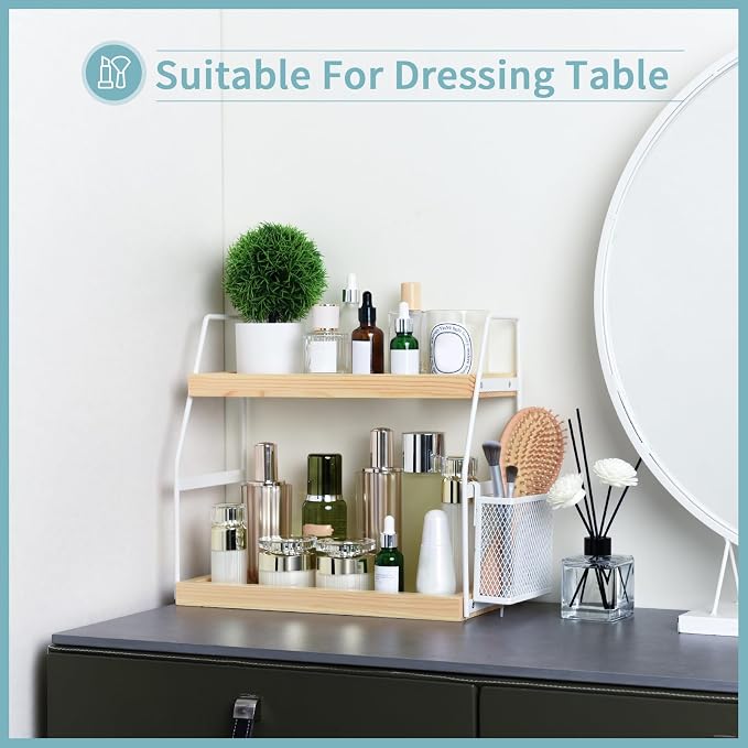 Bathroom Counter Organizer, 2-Tier Standing Storage Shelf with Basket, Wood Tray for Skincare Vanity Organizer(White) - Image 5