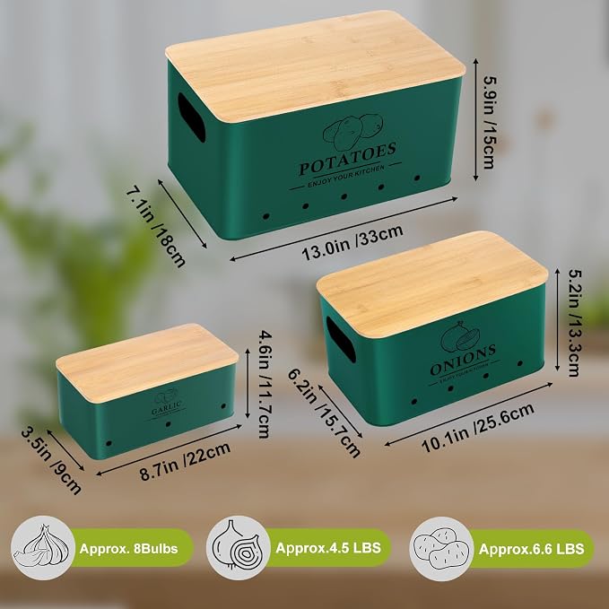 Kitchen Vegetable Storage Set of 3, Metal Onion Garlic Potato Storage Set, Kitchen Canisters Vegetable Keeper Containers with Aerating Holes and Bamboo Lid,Alpine Green - Image 4