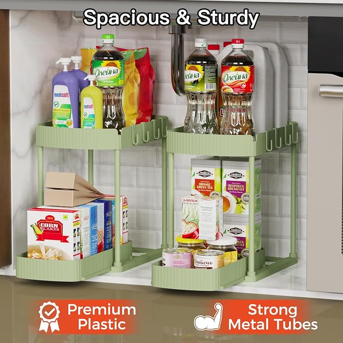 2 Packs Under Sink Pull-Out Storage Organizers, 12.8 Inches, Green - Image 3