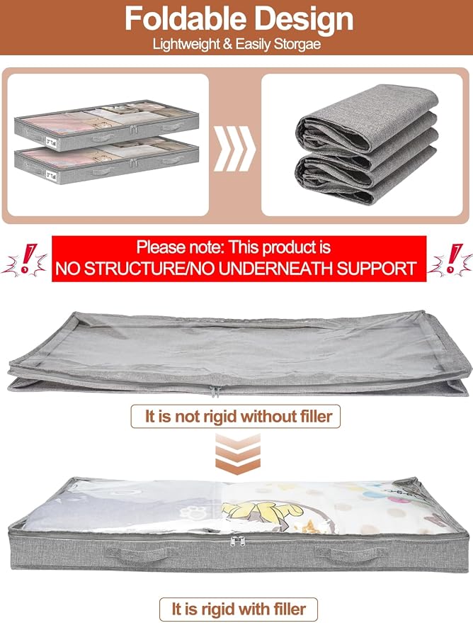 punemi 3 inch High Soft Low Profile Under Bed Storage Bins, 2 Pack, Grey - Image 2