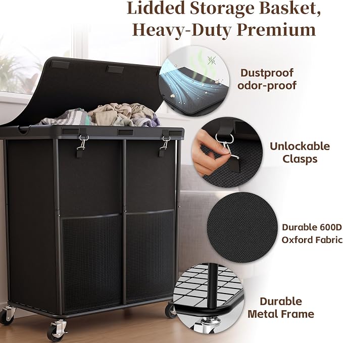 Laundry Hamper with Wheels and Lid, 225L Large Rolling Laundry Basket Black - Image 4
