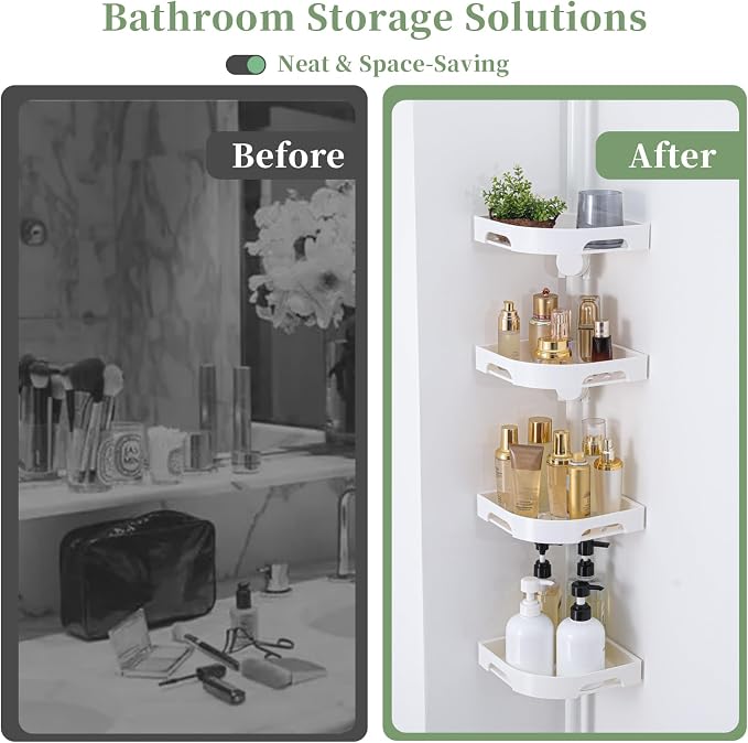 akinbas Tension Pole Shower Caddy Organizer with 4 Tier L-Shaped Rust Resistant Bathroom Corner Shelves with 34-124 Inch Adjustable No Drilling Quick Install Shower Rack for Bath Essentials (White) - Image 4