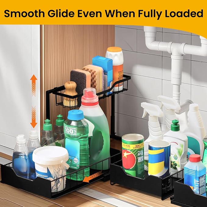 3 Pack, Under Sink Organizer 2-Tier with Slide Out Lower Drawer - Metal Pull Out Cabinet Organizer for Kitchen Bathroom, Includes Removable Center Basket & Storage Shelves, Space Saving Design - Image 4