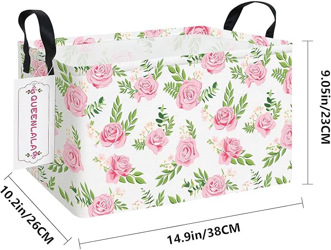 Rectangular Collapsible Laundry Basket with Side Handles, Pink Roses - Image 2