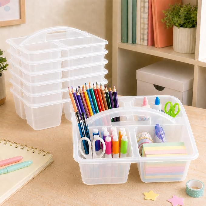 6 Pack 4 Compartment Classroom Caddy with Handle, Clear - Image 4