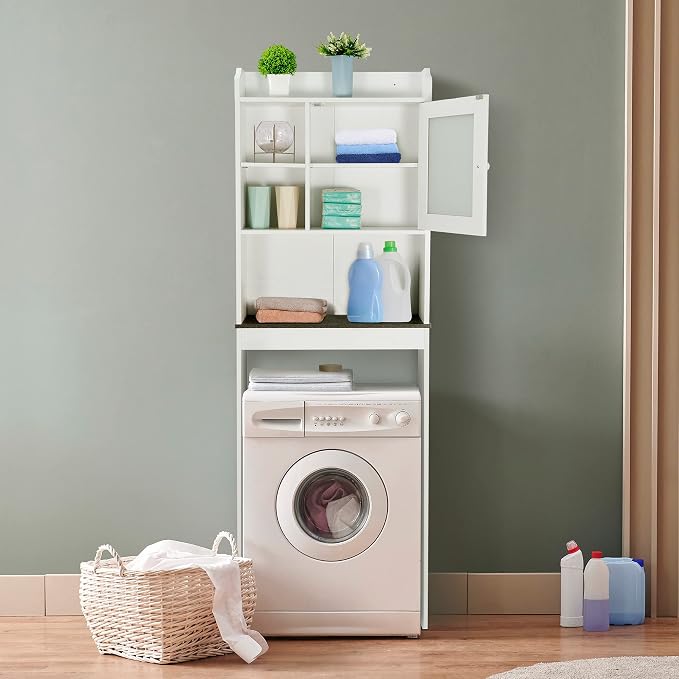 ZenStyle Over The Toilet Cabinet Double Door Wood Bathroom Storage Organizer with Adjustable Shelves, Cubby and Tempered Glass Door (White) - Image 3