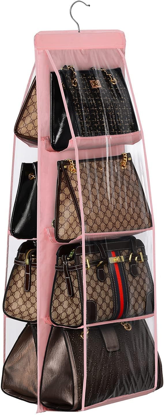 Lirex Handbag Hanging Purse Organizer for Closet, 8 Pocket Handbag Storage Organizer Hanger Oxford Cloth Closet Organizer for Family Closet Bedroom, Foldable and Universal Fit, Light Pink by Lirex