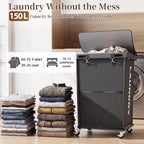 Laundry Hamper with Wheels and Lid, 150L Large Rolling Laundry Basket Gray - Image 2