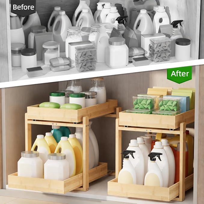 APRTAT 2 Pack Bamboo Under Sink Organizer, 2-Tier Pull Out Storage Drawers - Image 8