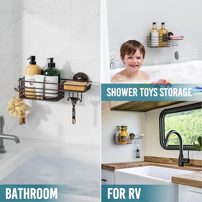 TAILI Shower Caddy Suction Cup with Hooks & Soap Holder, Brown Shower Shelf - Image 6
