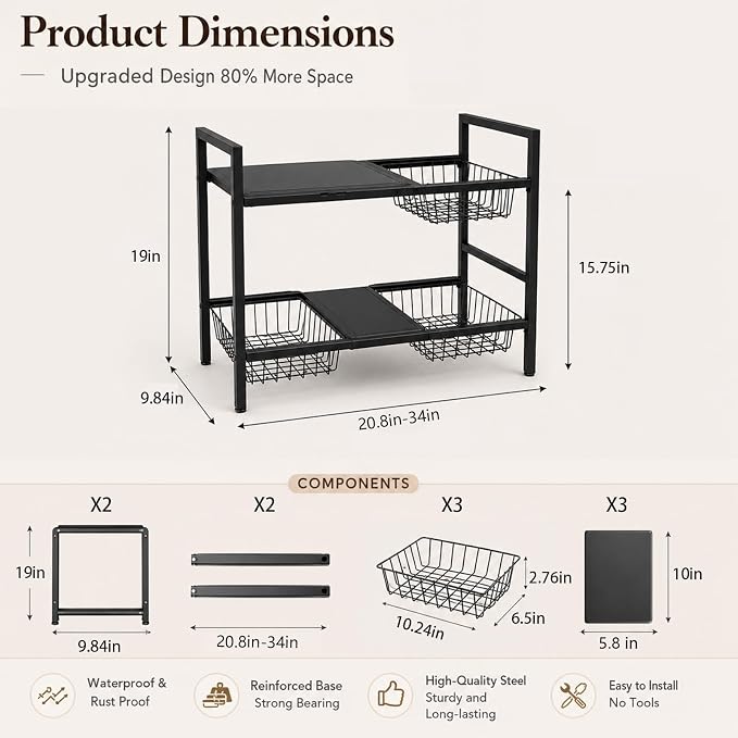 Expandable Under Sink Organizer, 2 Tier Under Sink Shelf, Height Adjustment, Under Sink Shelves with 3 Removable Baskets and 3 Removable Panels for Bathroom Kitchen Pantry Cabit black 21.65in - Image 2