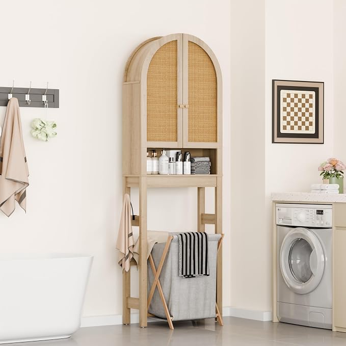 Over The Toilet Storage Cabinet, 23.7”W Modern Storage Cabinet Over Toilet with Rattan Doors, Arched Freestanding Over Toilet Rack with Adjustable Shelf for Bathroom, Nature - Image 8