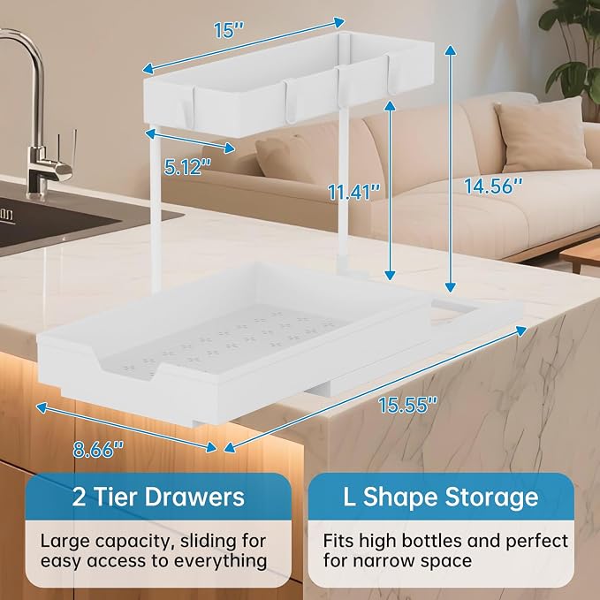 NATURE'S SOURCE 2-Tier Under Sink Organizers and Storage 2 Pack Sliding L-shape Under Cabinet Organizers For Narrow Space Multi-purpose Sink Organizer for Bathroom Kitchen Drawer(White 2 Pack) - Image 4