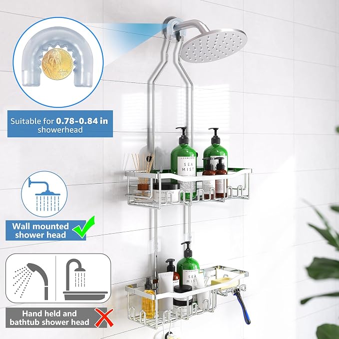 Upgraded Extended Length Shower Organizer with Hooks, Rustproof Shampoo Soap Holder, Large Hanging Bathroom Caddy, Silver - Image 5