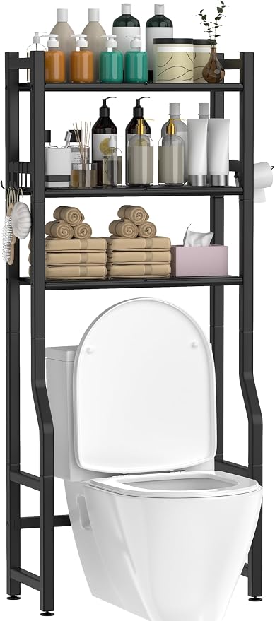 Livilord 3 Tier Over The Toilet Storage Rack with Toilet Paper Holder, Metal Freestanding Bathroom Shelves with 4 Hooks, Over Toilet Storage Shelf for Bathroom Storage, Black by LivilordBrand