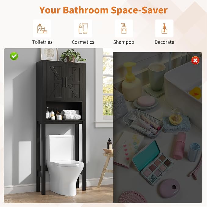 GarveeTech Over the Toilet Cabinet, Double Door Bathroom Storage Organizer, Toilet Rack with Open Storage Shelf, FreeStanding Toilet Shelf Space Saver, for Bathroom, Restroom, Laundry - Image 5