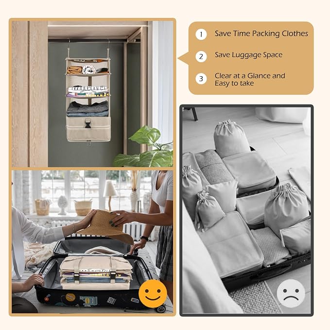 Surblue Hanging Closet Storage Bag Collapsible 3-Shelf Washable Oxford Fabric with 2 Hooks (L 11.41 * 11.41 * 19.68in, Beige) - Image 4