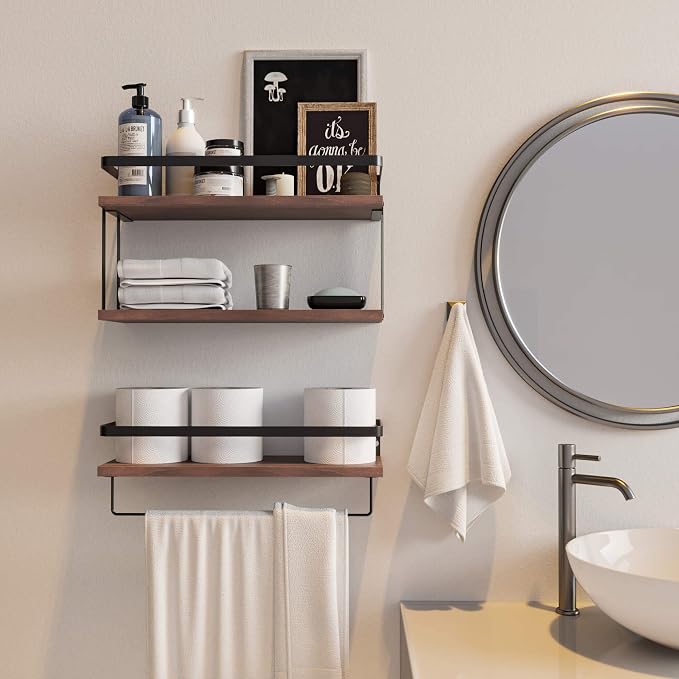 RICHER HOUSE 2+1 Tier Wall Mounted Floating Shelves Set of 2, Rustic Wood Shelf with Metal Frame, Extra Storage Rack for Bathroom, Kitchen, Bedroom with Tissue Rack & Towel Bar - Rustic Brown - Image 5