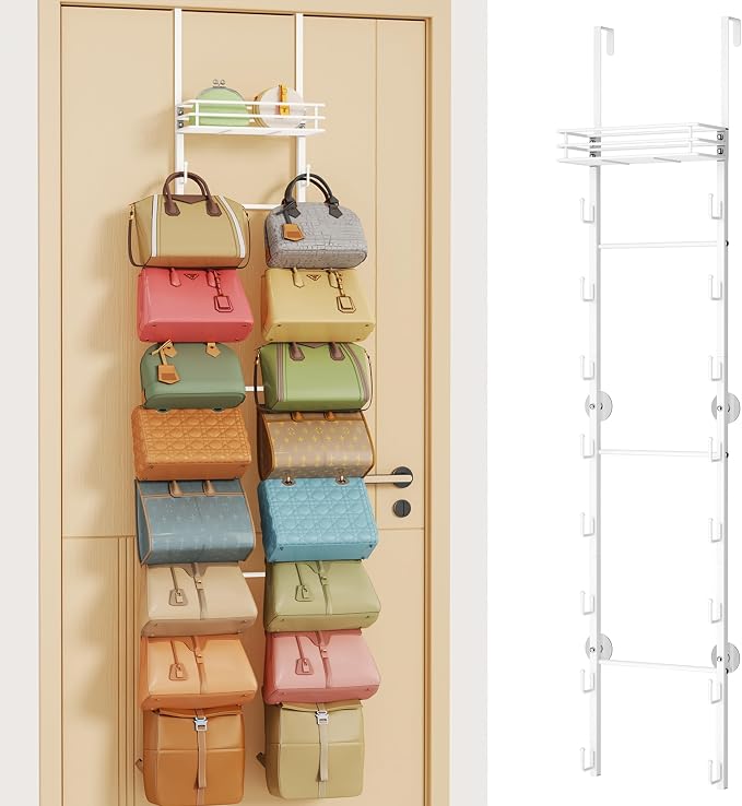HapiRm Over the Door Purse Organizer - Wall Mounted Purse Rack with 16 Hooks and Metal Basket, Hanging Handbag Organizer Holds up to 16 Bags, Bag Rack Can Use As 1/2 Part, for Door, Closet (White) by HapiRm