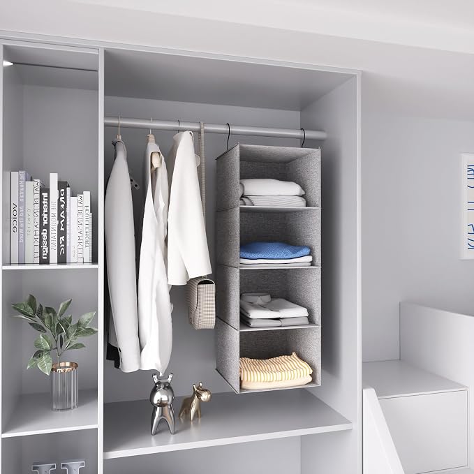 Hanging Closet Organizer 4-Shelf, Oxford Linen Wardrobe Storage, Gray | Easy-mount foldable design holds clothes, handbags, shoes & accessories; washable Oxford fabric, sturdy and space-saving. - Image 4